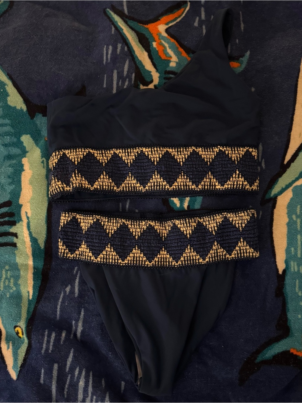 Navy One-Shoulder Elysian Swimsuit with white stitched Trim